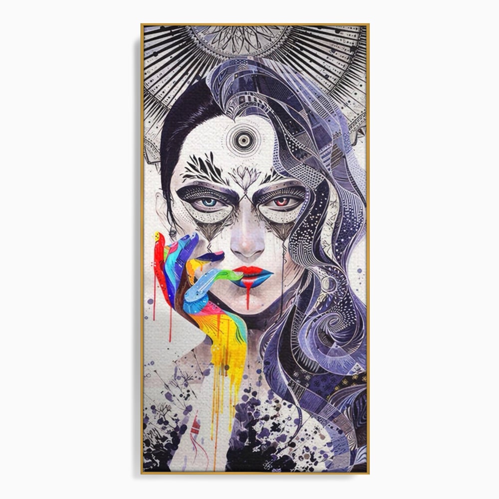 Tablou canvas cu tablou canvas cu portret abstract feminin, in rama de aluminiu auriu